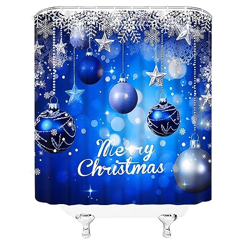 Christmas Balls Shower Curtain 70x70 Inch Blue Silver Snowflakes