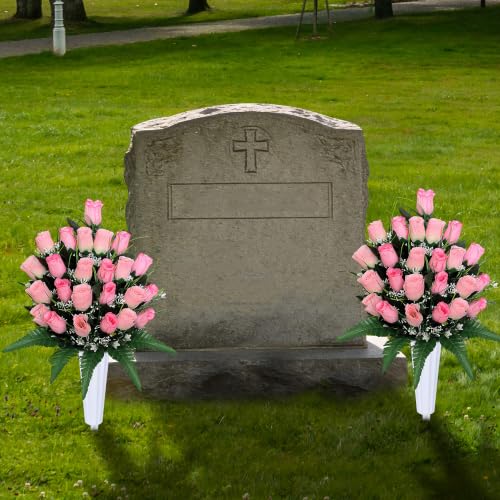 Artificial Cemetery Flowers with Vases - 2 Sets of Memorial Rose Bouquets