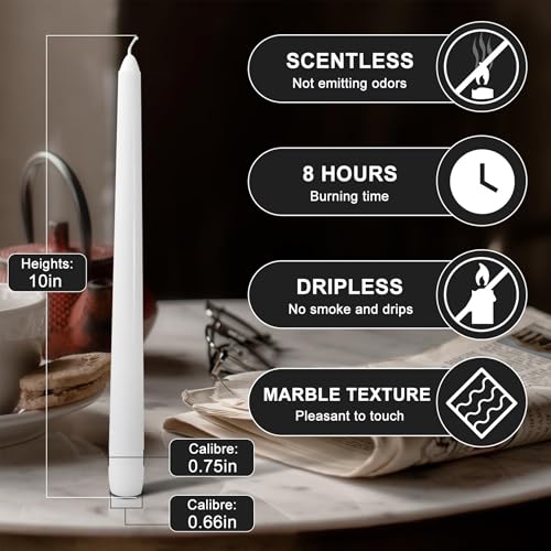 White Taper Candles 10 Inch Pack of 4 Dripless Unscented Long Burn