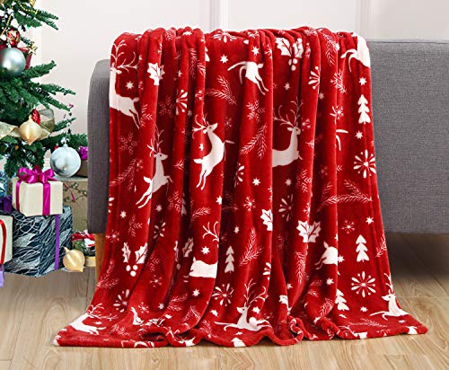 Christmas Reindeer Velvet Fleece Blanket - 50 x 60 Burgundy Holiday Throw