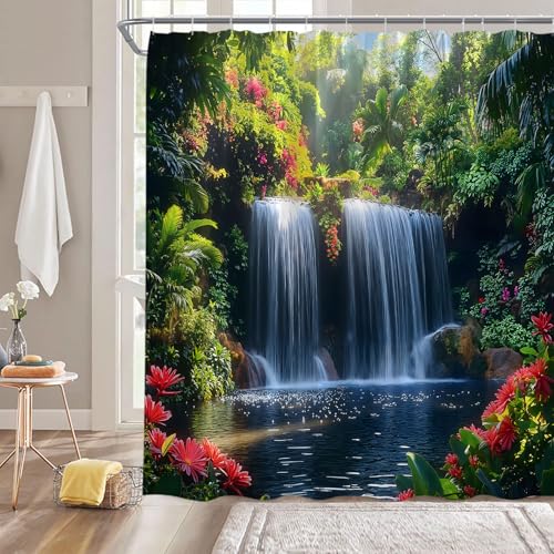 Forest Waterfall Shower Curtain, 70x70 Inch Polyester with Hooks