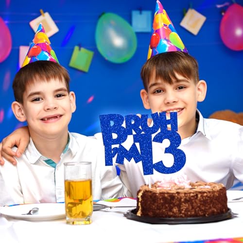 Bruh I'm 13 Blue Glitter Cake Topper Official Teenager Birthday Party