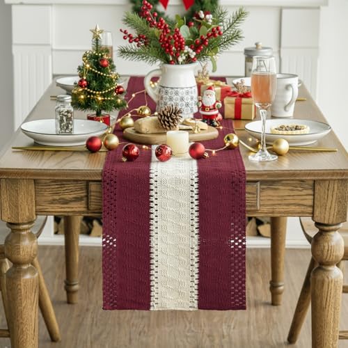 Red Farmhouse Woven Table Runner 12x72 Inch - Durable Cotton Polyester Decor