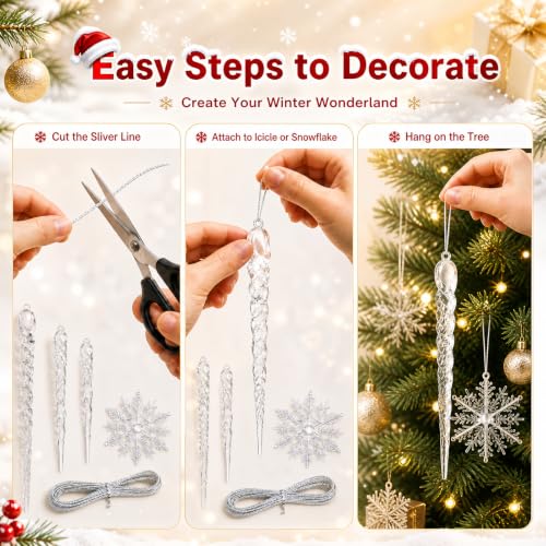 49Pcs Christmas Tree Ornaments Set - Crystal Icicles & Snowflakes, Safe Shatterproof Material
