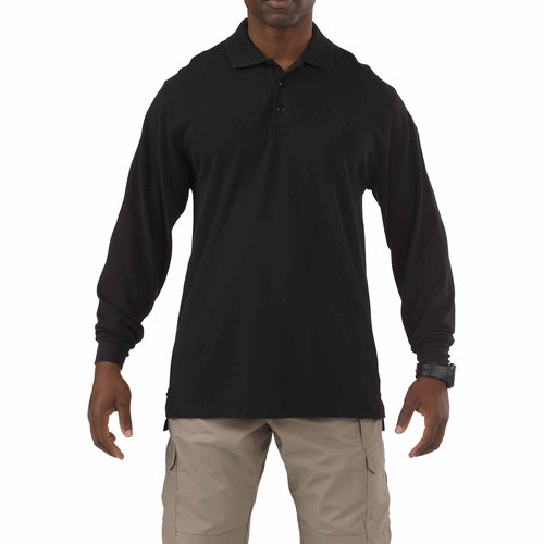 5.11 Tactical Professional Long Sleeve Polo Shirt, Cotton Pique Knit, Reinforced Seams, Black, Large, Style 42056