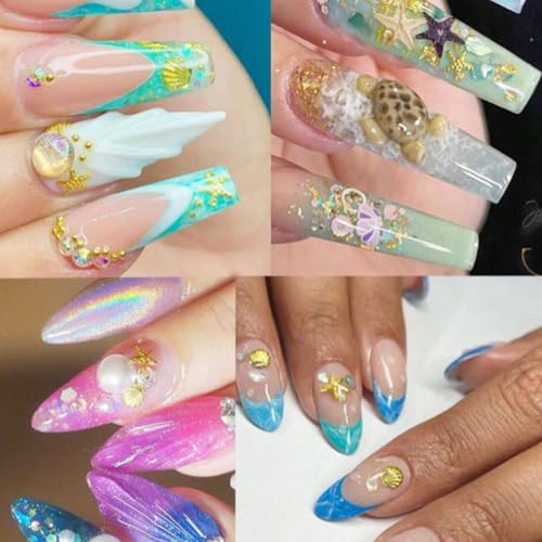 3D Summer Ocean Gold Metal Nail Charms - Seashell Starfish Seahorse