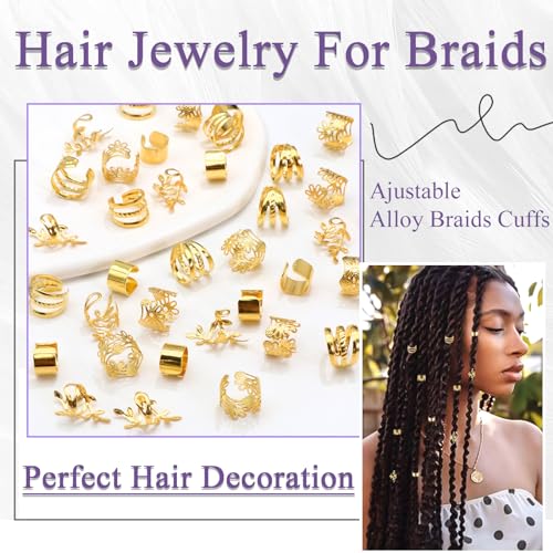 VENOFEN 40PCS Gold Hair Jewelry for Braids Multi Style Cuffs Rings
