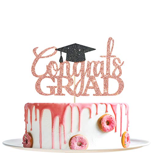 Congrats Grad Cake Topper - Rose Gold Glitter for 2026 Graduation