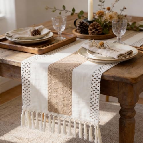 Boho Table Runner with Tassels - Beige 72-Inch Farmhouse Rustic Cotton Linen Blend