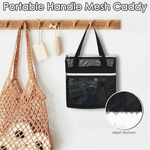 Small Black Mesh Shower Caddy with Zipper Pockets - Quick-Drying Portable Tote