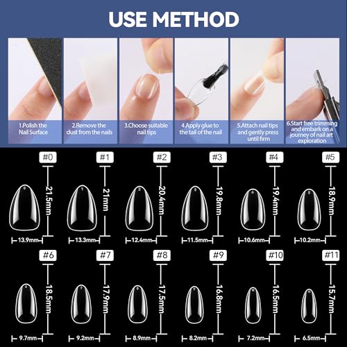 UNA GELLA Short Almond Gel Nail Tips - 216 Pcs Clear Soft Acrylic Full Cover Fake Nails for DIY Home Extension