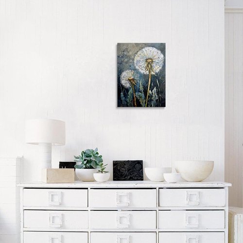 Dandelion Canvas Wall Art - Framed Wildflower Botanical Painting | Serene Blue Gray Decor, 12x16 Inches