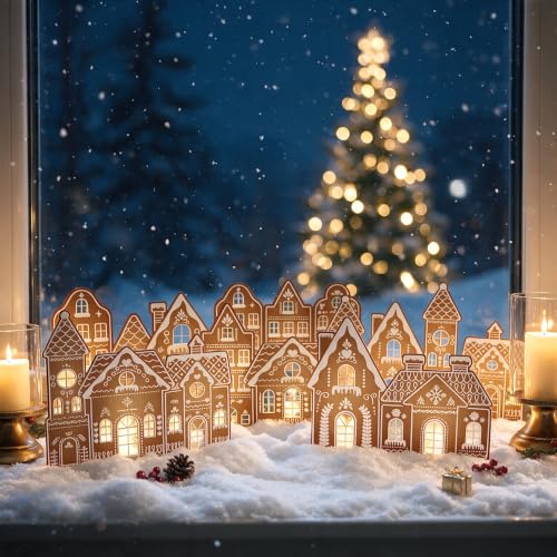 Classic Wooden Gingerbread House Decor Set with LED Lights for Above The Cabinet - Farmhouse Christmas Village Silhouettes