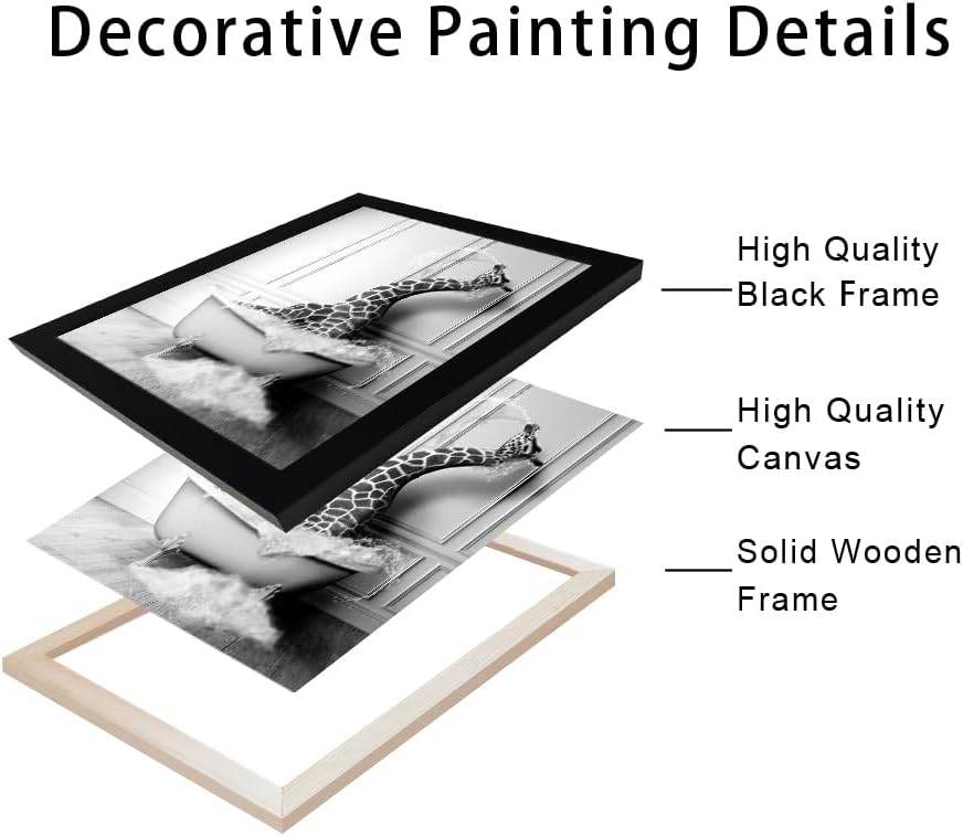 Skiennix Giraffe in Bathtub Canvas Print - Funny Black and White Bathroom Wall Art | Framed Farmhouse Decor