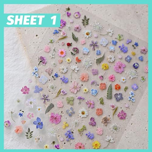 CESTSIREN Floral Nail Art Stickers, Colorful Spring Flower Decals 3 Sheets