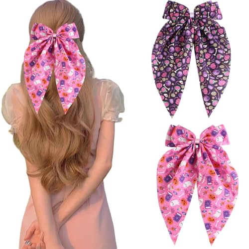 BUNLVDI 2Pcs Halloween Hair Bows Satin Long Tail Clips Pumpkin Ghost