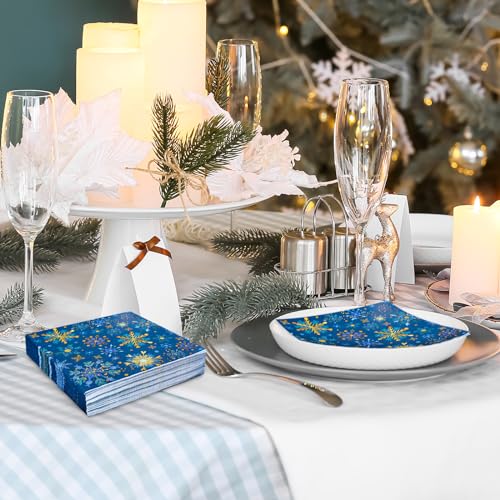 Winter Snowflake Paper Napkins - Blue Gold Xmas Disposable Napkins 6.5 x 6.5 Inch, 80 Pack