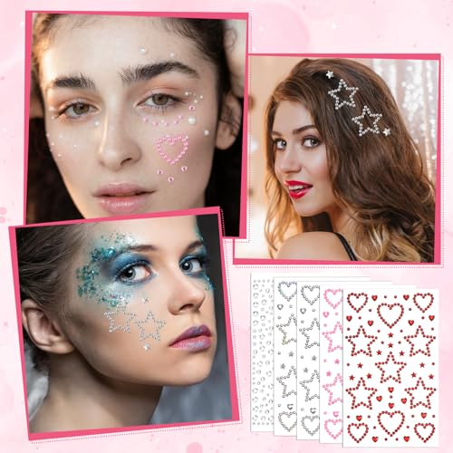 Larrel 5 Pcs Star Face Gems & Rhinestone Stickers with Tweezer