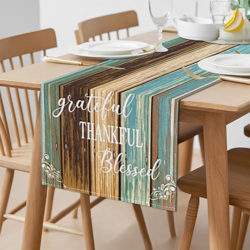 Farmhouse Blue Teal Table Runner 13 x 90 Inches Waterproof Linen for Thanksgiving