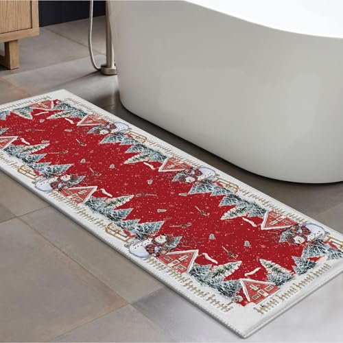 Red Snowman House Pine Tree Christmas Area Rug 2x6 ft - Non-Slip Washable Home Decor