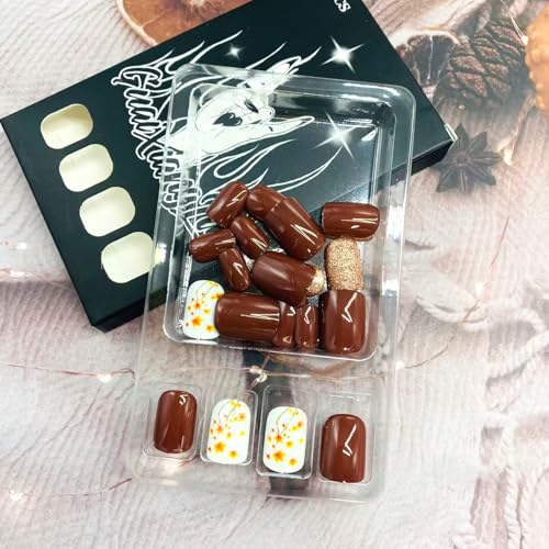 Fall Maple Leaf Press on Nails Short Square Thanksgiving Fake Nails