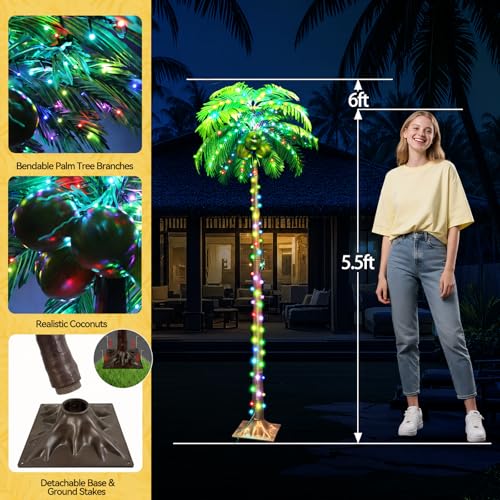 Color Changing 6FT Outdoor Palm Tree Lights with Remote Control and Coconuts
