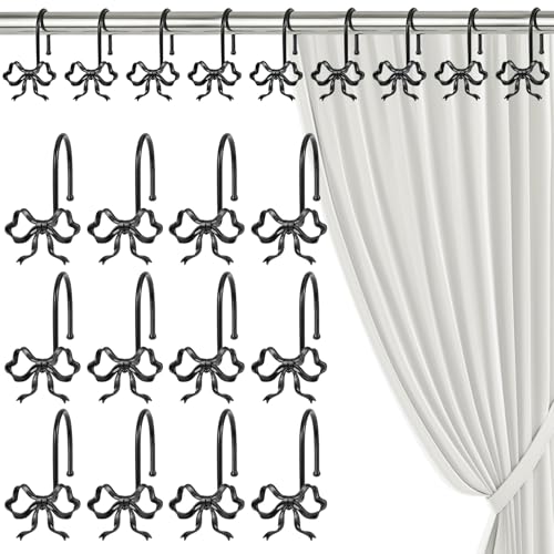 12 Pack Black Metal Bow Shower Curtain Hooks – Rustproof Bathroom Decor