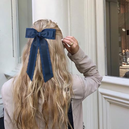 Navy Blue Hair Bows with Long Tassel Ribbons 2Pcs Hair Clips