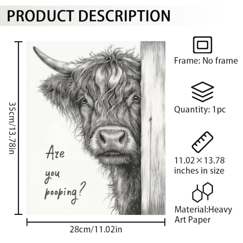 Funny Highland Cow Bathroom Wall Art Poster - 11x13.8 Inch
