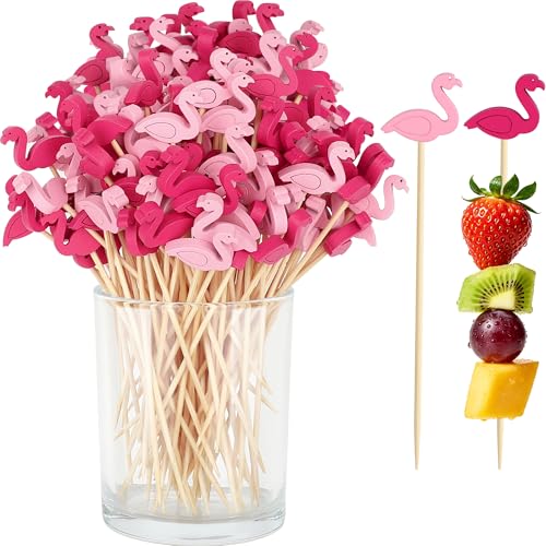 JEMVIK 100PCS Flamingo Cocktail Picks - 4.7 Inch Bamboo Appetizer Skewers