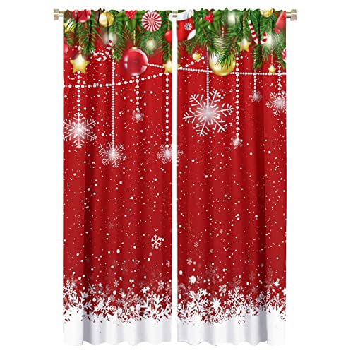 Merry Christmas Blackout Curtains 2 Panels 21W x 63L - Red Floral Snowflake