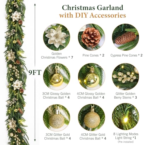Green 9FT Christmas Prelit Norfolk Pine Garland with Lights & Decorations