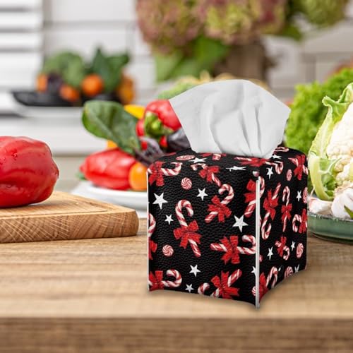 Doginthehole Red Candy Cane Tissue Box Cover PU Leather Square Holder with Belt Bottom, Christmas Decor