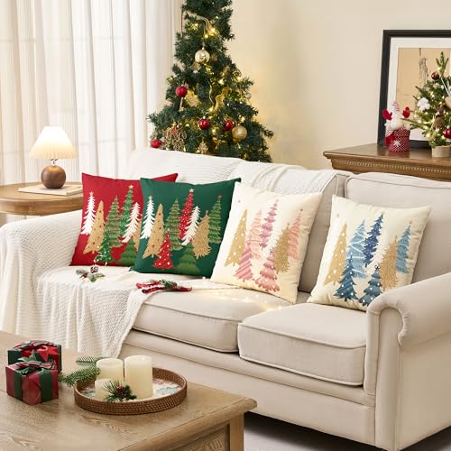 Christmas Pillow Covers 18x18 Inch Set of 2 - Festive Red & Green Holiday Decor