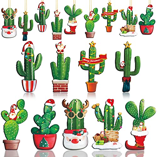 27 Pieces Christmas Tree Ornaments Set - Wooden Cactus with Santa Hat Decorations
