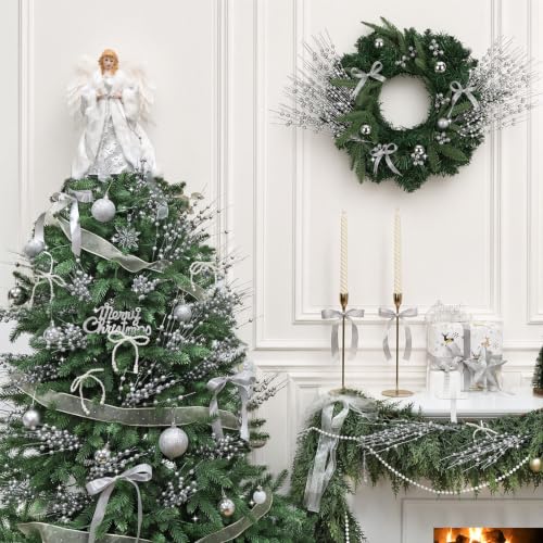 Silver Artificial Glitter Berry Stem Ornaments 15 Inch Christmas Tree Picks - 10 Pack