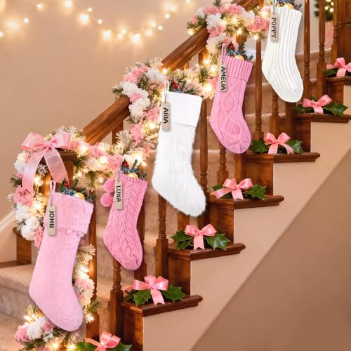 Christmas Stockings Set 5 Pcs Knitted & Plush Holiday Decorations - White & Pink, 18in & 15in, Farmhouse Rustic Style
