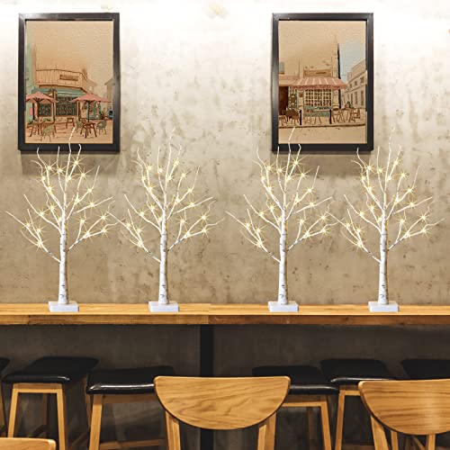 2FT Birch Tree Christmas Decor with LED Lights - Battery Powered Fairy Light Spirit Tree - 4 Pack