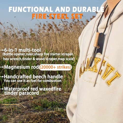 ULTLAT 2-Pack Magnesium Ferro Rod Fire Starter with Beech Handle & Multi-Tool