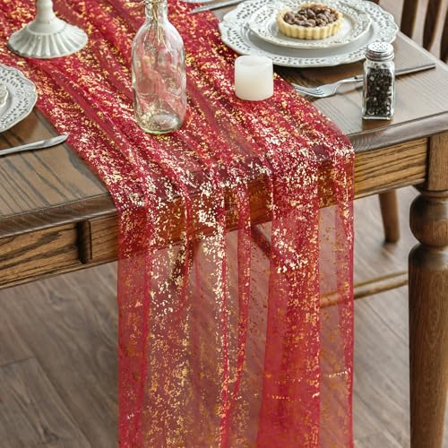 28 x 120 Inch Red Gold Gauze Table Runner 3pcs Glitter Metallic Sheer Holiday Decor