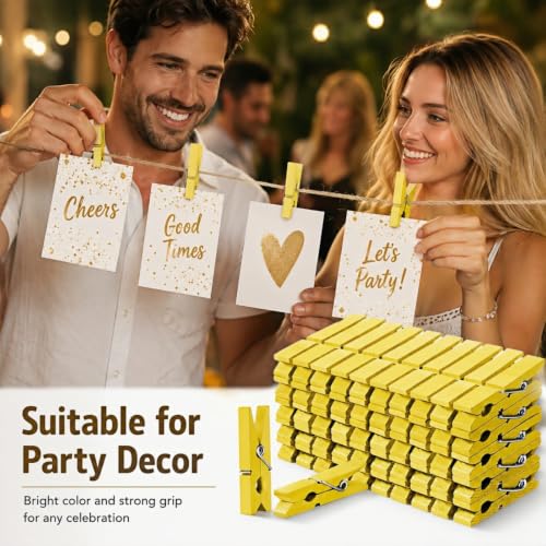 Yellow Mini Wooden Clothespins 1.4 Inch 50 Pack - Rustic Craft Photo Clips with Spring