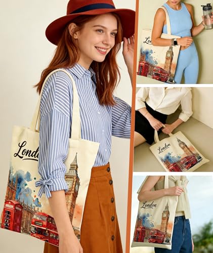 Lednica London Ocean Canvas Tote Bag with Inner Pockets & Metal Snap - Womens Reusable Vacation Travel Shopping Bag