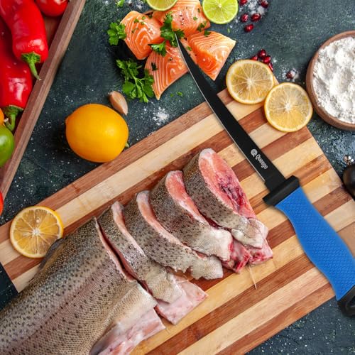 Queego 7-Inch Professional Fish Fillet Knife with Sharpener & Nylon Sheath