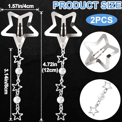 Star Pearl Snap Hair Clips 2pcs - Silver Y2K Tassel Hair Barrettes