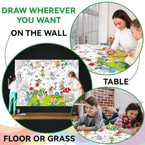 Giant Fairy Garden Coloring Poster - Large 31.5" x 43" Floral Tablecloth