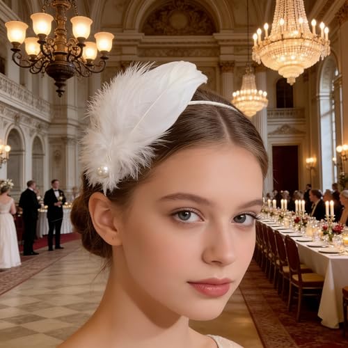 White Feather Hair Clips 2-Piece Ballet Style Pearl Hair Pins