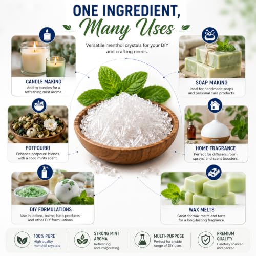 100% Natural Menthol Crystals 2 oz | Pure Peppermint Aroma for DIY Candles, Soaps, and Air Fresheners