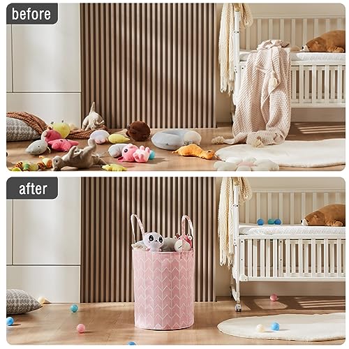 TECHMILLY Baby Laundry Basket with Long Handles - Pink Geometric Nursery Hamper, 1 Pack