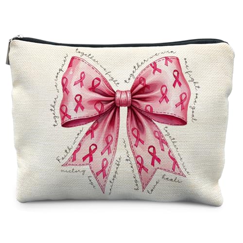 Breast Cancer Awareness Pink Ribbon Makeup Bag Linen Cosmetic Pouch