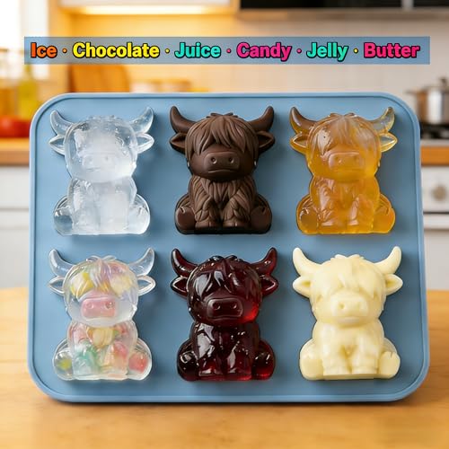 MXU Blue Highland Cow Ice Cube Tray - Reusable Silicone Mold for Whiskey, Chocolate & More